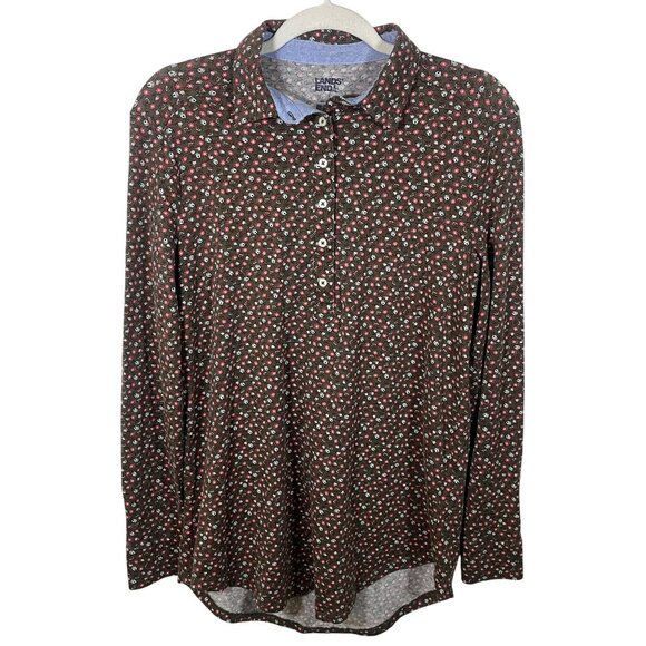 Lands End Floral Print Long Sleeve Polo Shirt Women S Brown Classic Preppy - Picture 1 of 8